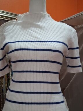 SHEIN White Ribbed Short Sleeve Tee with Navy Stripes